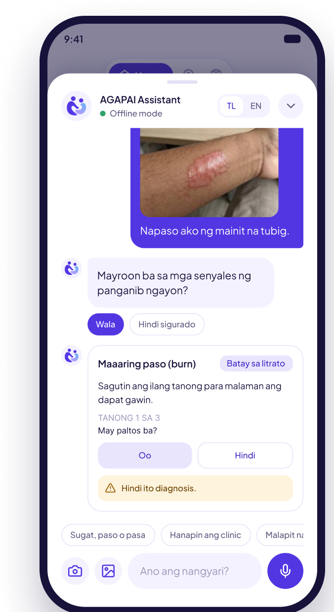 AGAPAI chat in offline mode checking a burn photo and asking a follow-up question