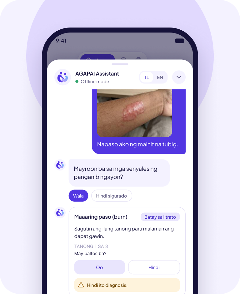 AGAPAI Home screen with the chat open, showing a burn photo sent for checking