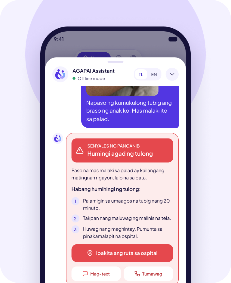 AGAPAI chat showing danger signs for a large burn on a child, with call, text and route buttons
